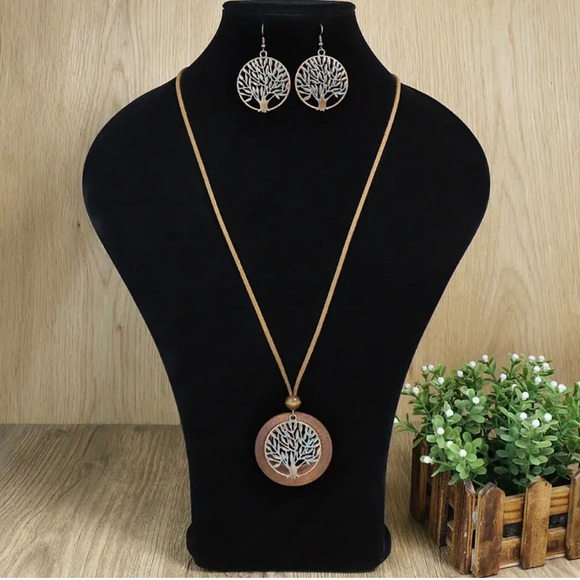 924 ❤️ Tree of Life Boho Wooden Necklace & Earrings Jewelry Bohemian Set - Picture 6 of 7